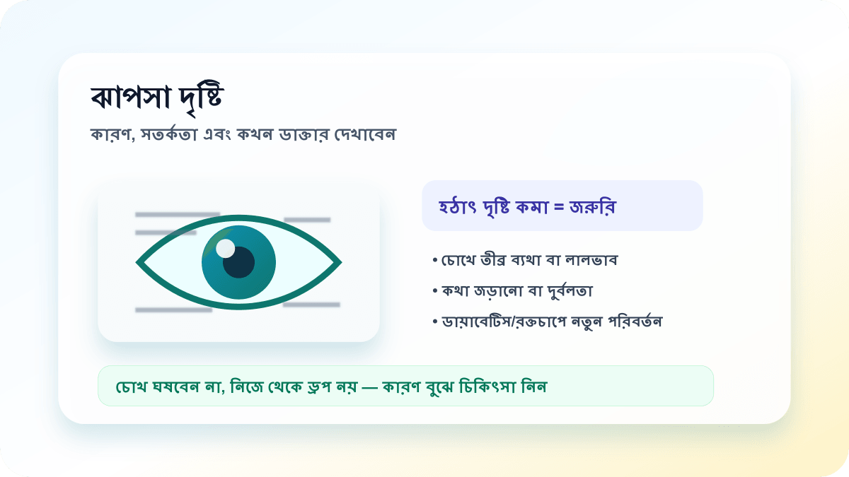 ঝাপসা দৃষ্টি, চোখের জরুরি লক্ষণ এবং ডায়াবেটিস-রক্তচাপ সতর্কতা নিয়ে মানববিহীন শিক্ষামূলক ছবি