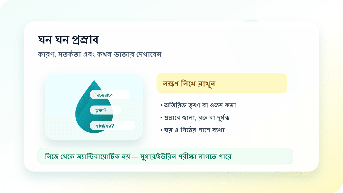ঘন ঘন প্রস্রাব, তৃষ্ণা, প্রস্রাবে জ্বালা, ডায়াবেটিস ও সংক্রমণ সতর্কতা নিয়ে মানববিহীন শিক্ষামূলক ছবি